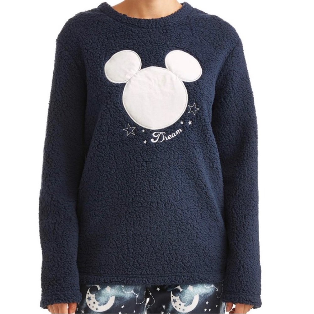 Disney Mickey Head Womens Plush Navy Silver Long Sleeve Top Medium